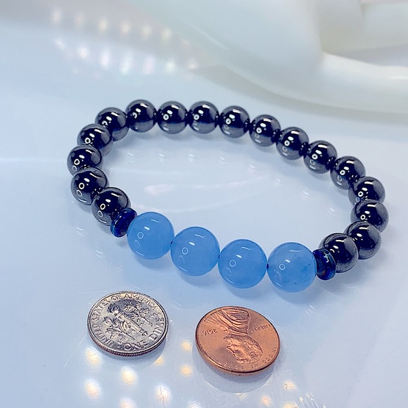 BLUE JADE + HEMATITE NATURAL BRACELET size 7.5” - Picture 6 of 6